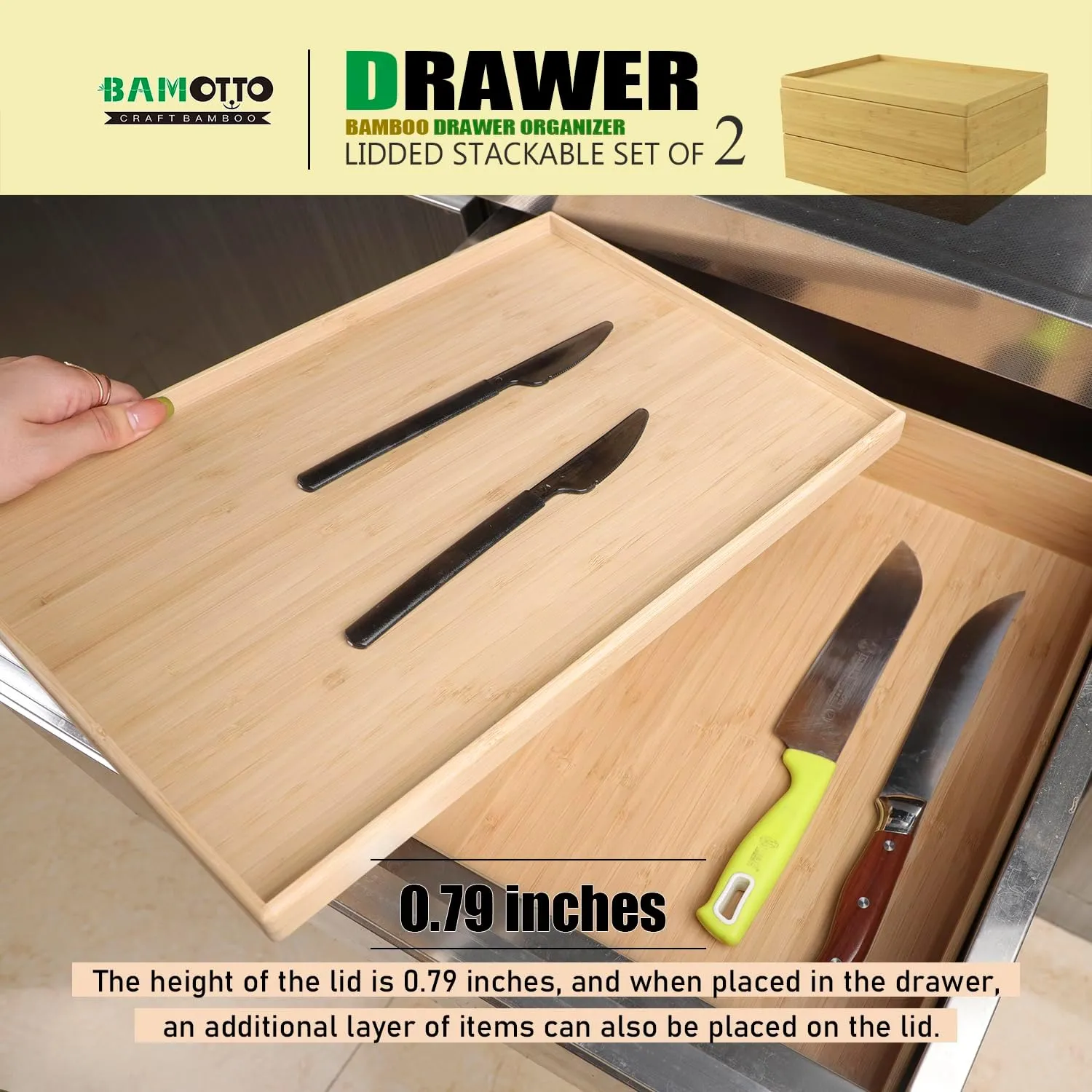 Stackable Bamboo Drawer Organizer Set – 2 Boxes with 1 Lid | Wood-Laminated Trays for Kitchen Utensils, Silverware & Flatware – Fits Cabinets, Pantry, Bathroom & Office | 14.6"x10.2" (2-Pack)