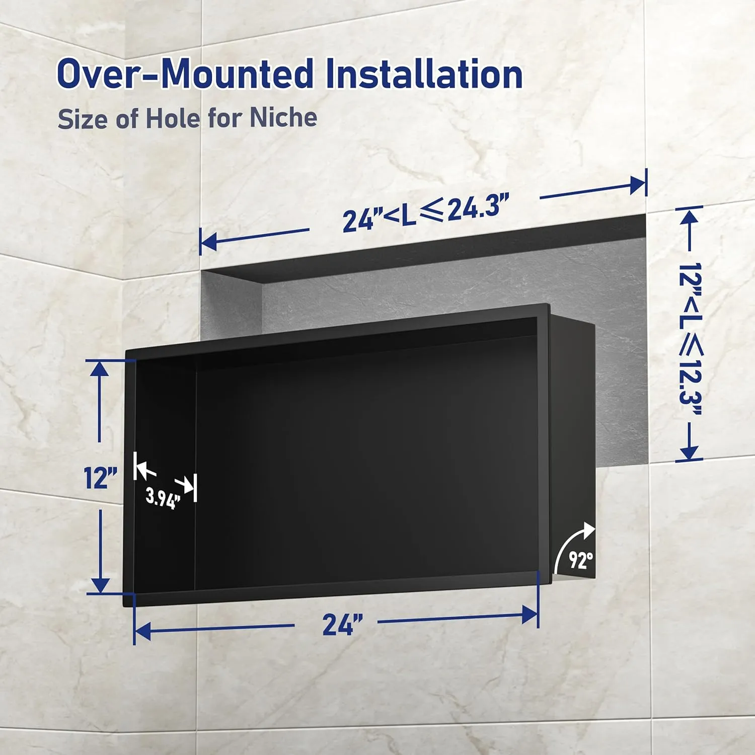 Stainless Steel Shower Niche 24" X 12" Matte Black No Tile Needed Horizontal Niche Shower Recessed Wall Niches for Bathroom Storage Over Mount Installation