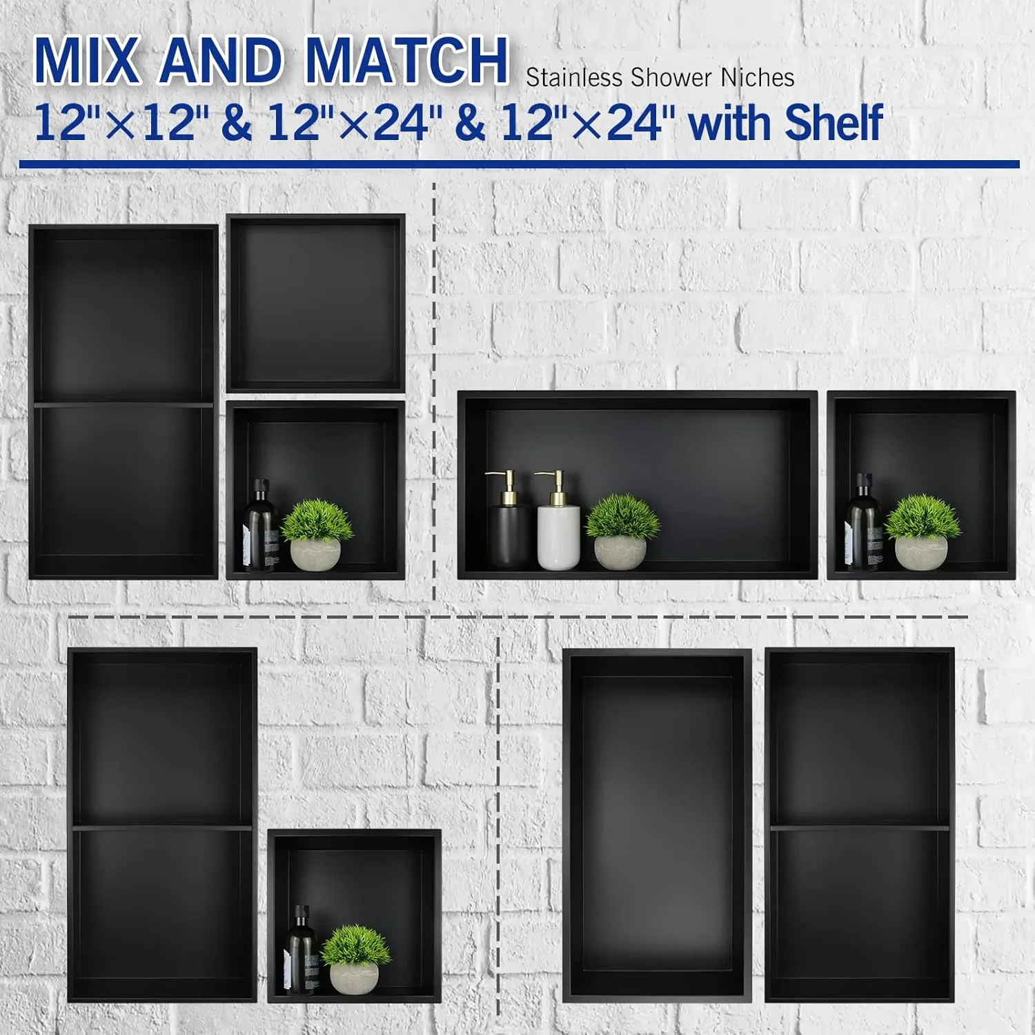 Stainless Steel Shower Niche 24" X 12" Matte Black No Tile Needed Horizontal Niche Shower Recessed Wall Niches for Bathroom Storage Over Mount Installation