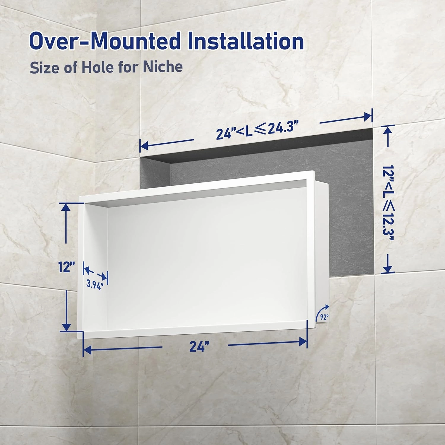 Stainless Steel Shower Niche 24" X 12" White No Tile Needed Niche Shower Recessed Wall Horizontal Niches for Bathroom Storage Over Mount Installation