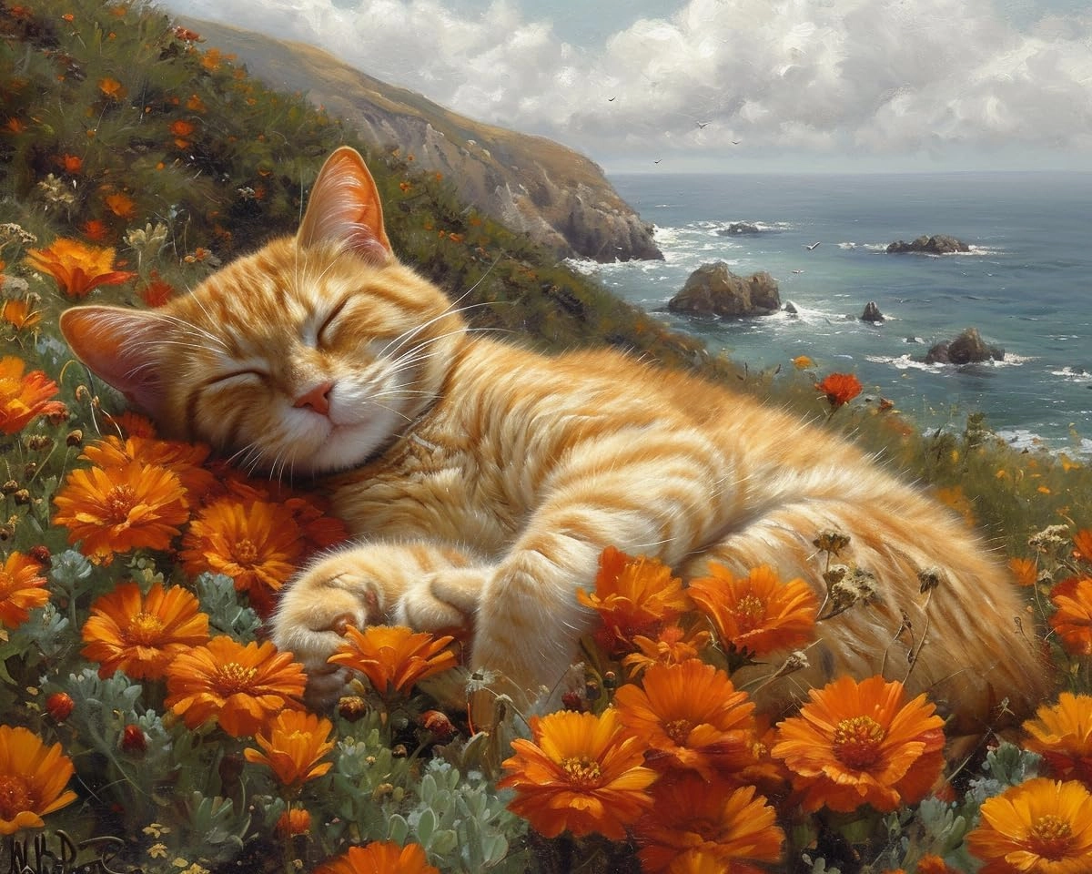 Stamped Cross Stitch Kits, Orange Tabby's Coastal Adventure, Needlepoint Counted Cross Kits for Beginners, Embroidery Kits Arts Home Decor(11CT No Frame,16x20 inch)
