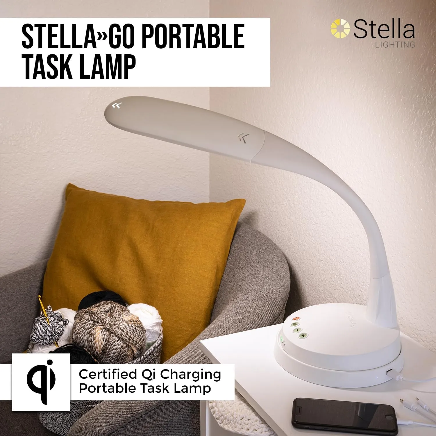 Stella GO 12W Portable Task Lamp, Dimmable, Custom Color Temperature, Adjustable, and Remote Controlled Modern Standing Lamp for Living Room, Bedroom, and Office Lighting (White)