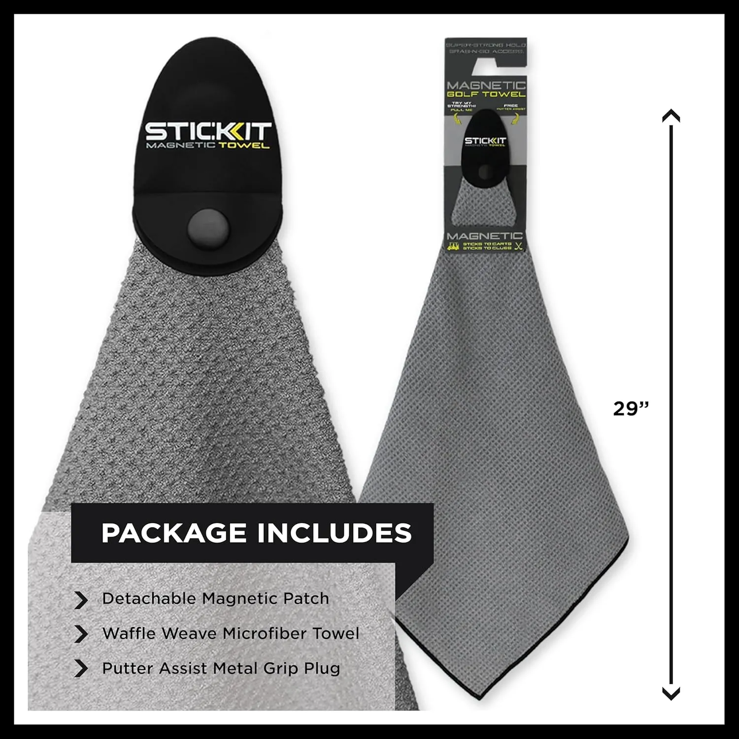 STICKIT Magnetic Towel, Gray | Top-Tier Microfiber Golf Towel with Deep Waffle Pockets | Industrial Strength Magnet for Strong Hold to Golf Carts or Clubs