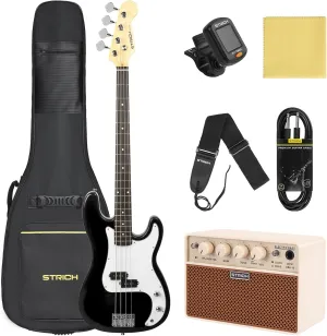 STRICH Electric Bass Guitar 4 Strings Full-Size Beginner Kit, PB-Style Standard Bass for Starter with 20w Amp, Bag, Tuner, Strap, Cable, SPB-S10 Black