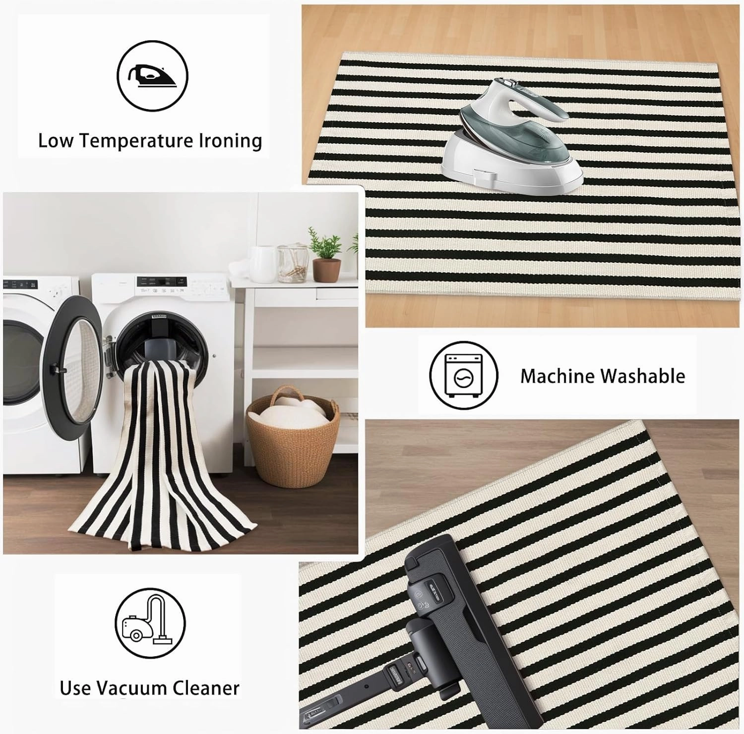 Striped Outdoor Front Door Mat 24"x51", Washable Black and White Rug Runner Cotton Hand Woven Indoor Layered Doormat, Reversible Foldable Door Rugs for Entryway/Farmhouse/Home Entrance