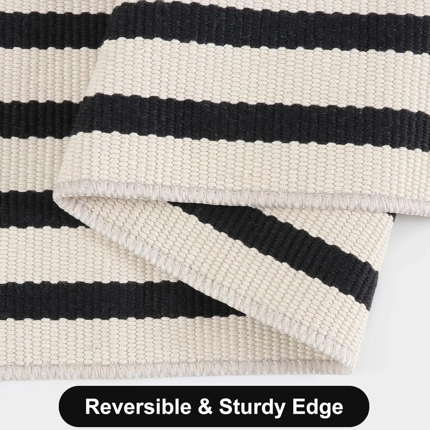 Striped Outdoor Front Door Mat 24"x51", Washable Black and White Rug Runner Cotton Hand Woven Indoor Layered Doormat, Reversible Foldable Door Rugs for Entryway/Farmhouse/Home Entrance