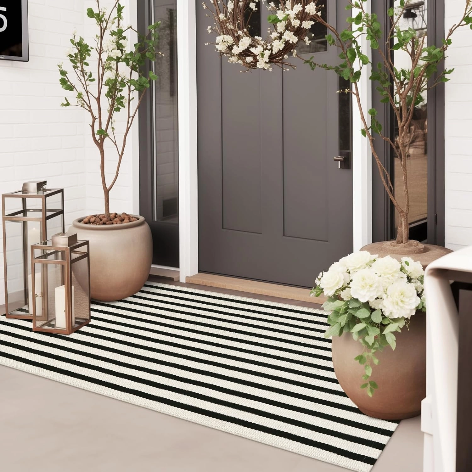 Striped Outdoor Front Door Mat 24"x51", Washable Black and White Rug Runner Cotton Hand Woven Indoor Layered Doormat, Reversible Foldable Door Rugs for Entryway/Farmhouse/Home Entrance
