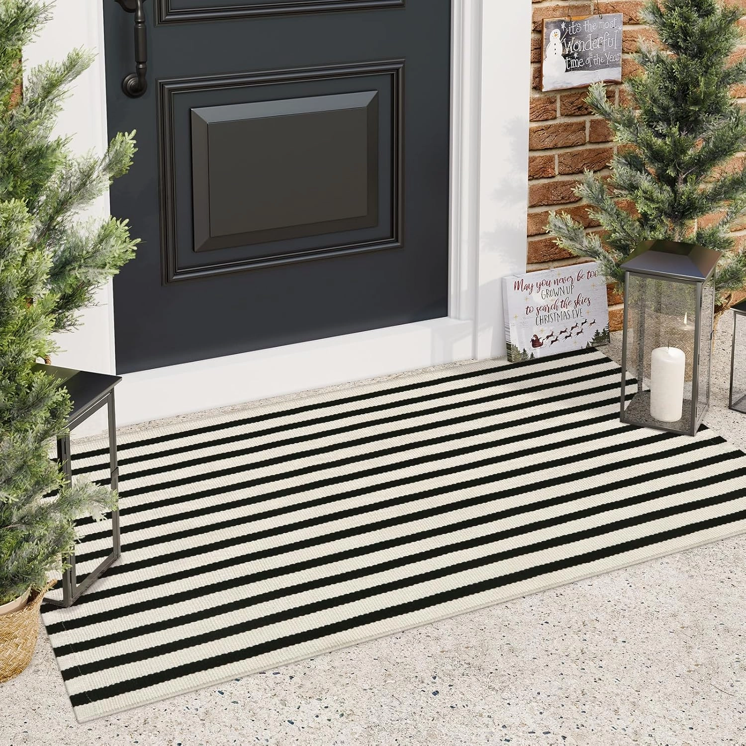 Striped Outdoor Front Door Mat 24"x51", Washable Black and White Rug Runner Cotton Hand Woven Indoor Layered Doormat, Reversible Foldable Door Rugs for Entryway/Farmhouse/Home Entrance