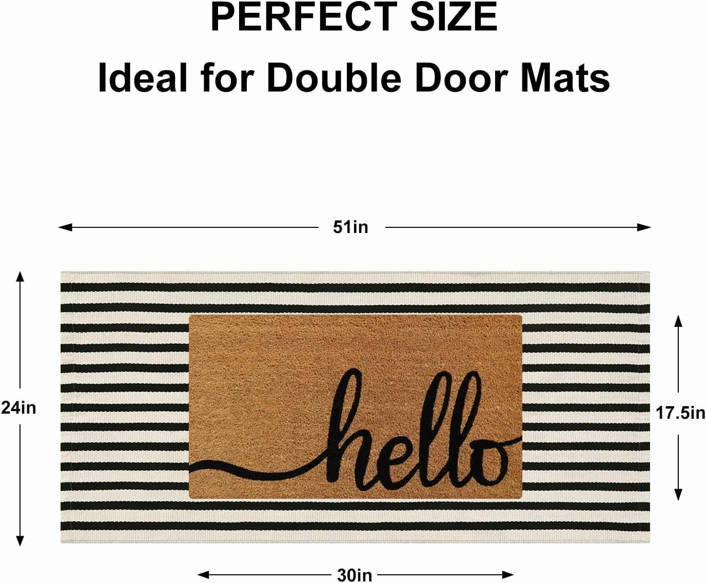 Striped Outdoor Front Door Mat 24"x51", Washable Black and White Rug Runner Cotton Hand Woven Indoor Layered Doormat, Reversible Foldable Door Rugs for Entryway/Farmhouse/Home Entrance