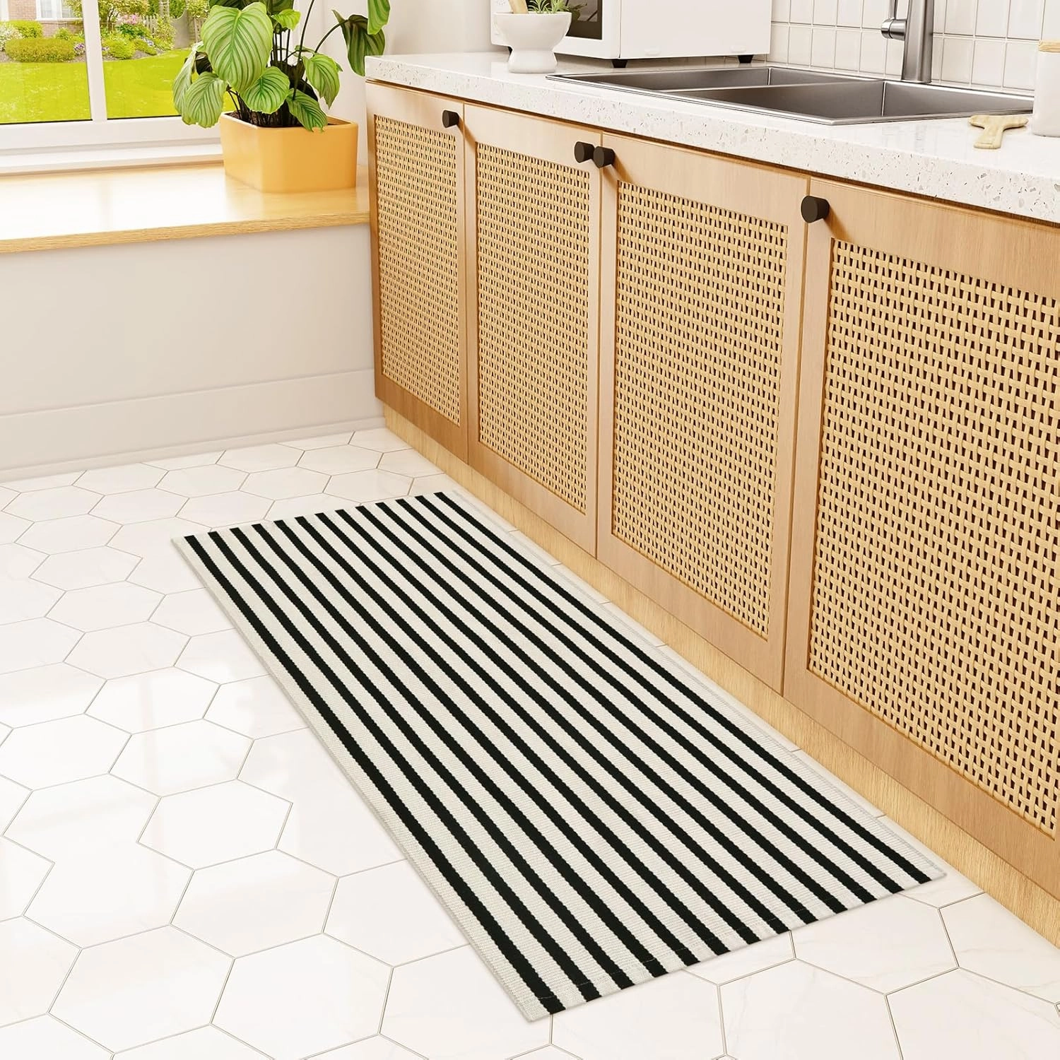 Striped Outdoor Front Door Mat 24"x51", Washable Black and White Rug Runner Cotton Hand Woven Indoor Layered Doormat, Reversible Foldable Door Rugs for Entryway/Farmhouse/Home Entrance