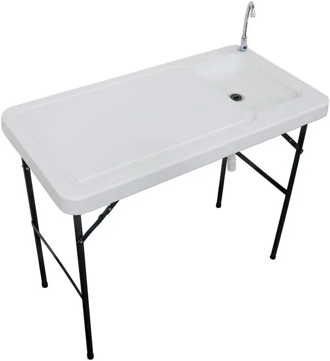 Stromberg's Outdoor Folding Fish and Game Cleaning Table with Sink Portable & Durable Upgraded Drainage Hose, Stainless Steel Faucet, White