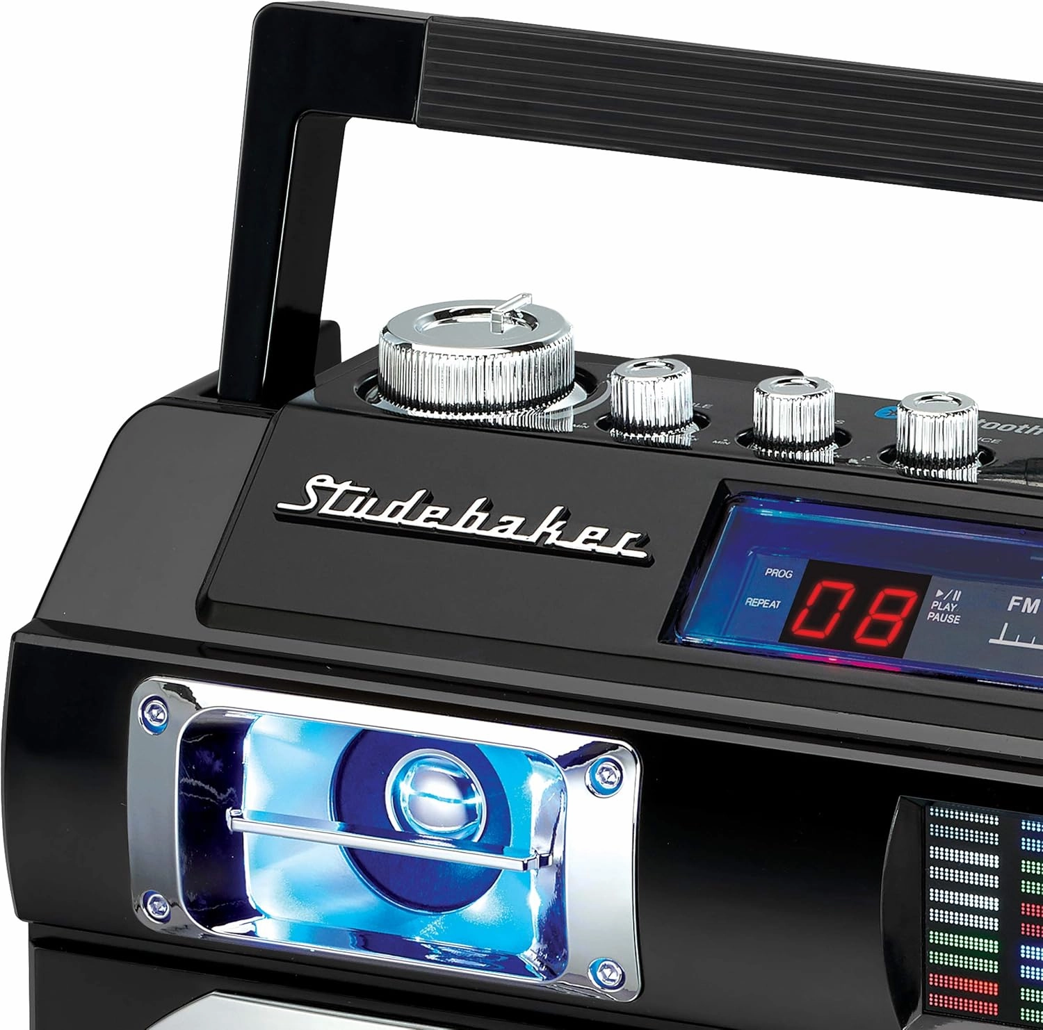 Studebaker SB2145B 80's Retro Street Bluetooth Boombox with FM Radio, CD Player, LED EQ, 10 Watts RMS Power and AC/DC
