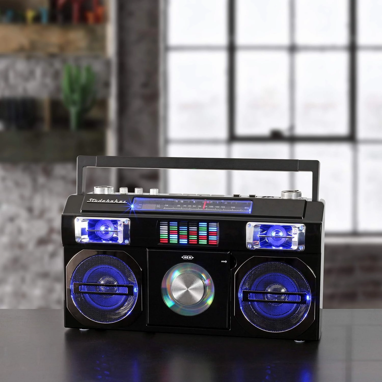 Studebaker SB2145B 80's Retro Street Bluetooth Boombox with FM Radio, CD Player, LED EQ, 10 Watts RMS Power and AC/DC