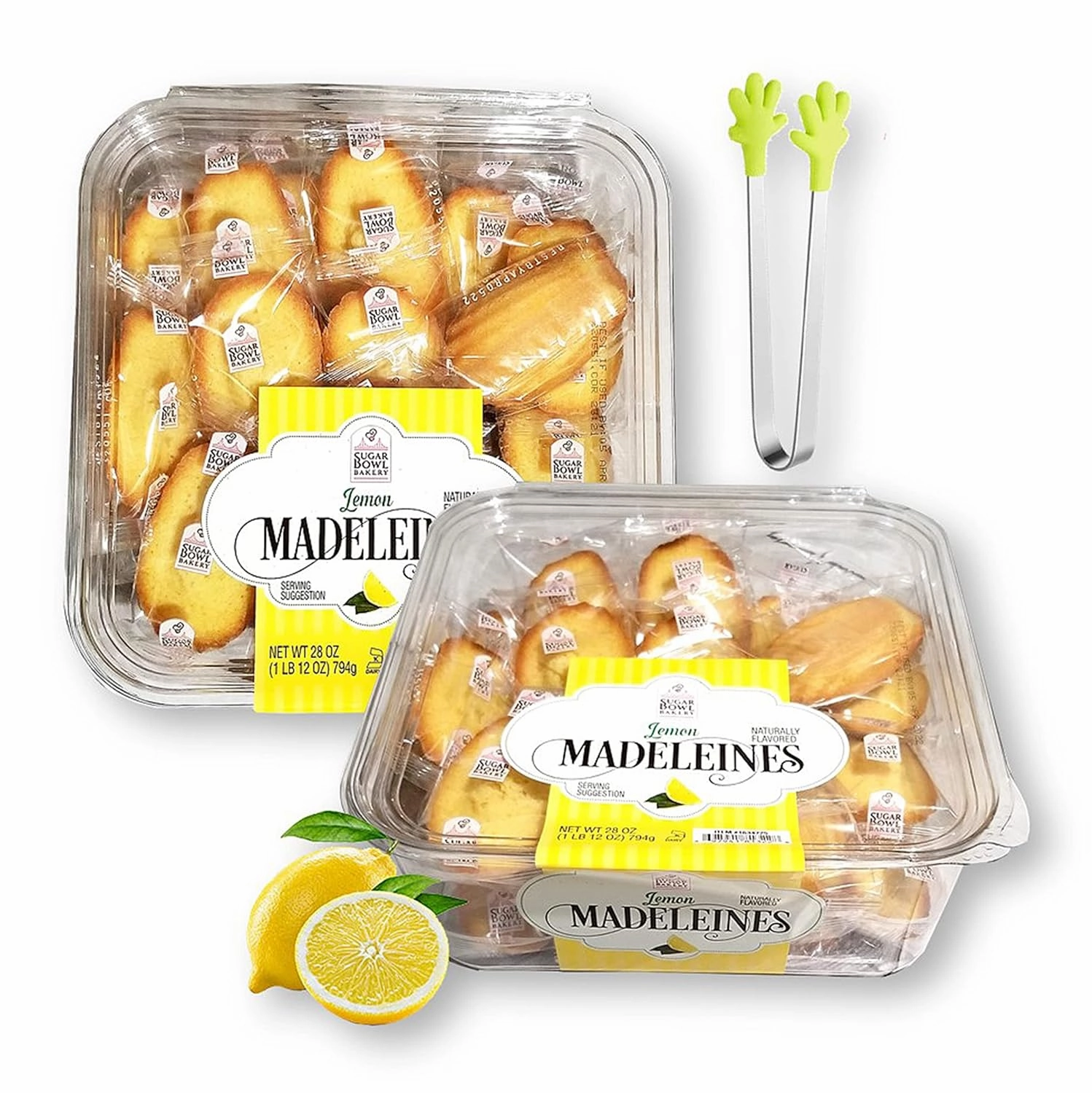 Sugar Bowl Bakery LEMON Madeleines Petite French Tea Cake Cookies Individually Wrapped (28 Oz. X 2) with 1 Bonus Mini Silicone Tongs (3-Piece Set)