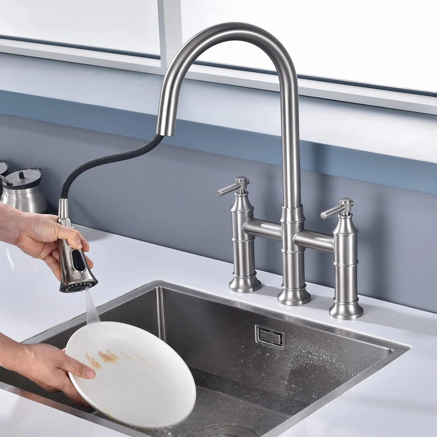 SUMERAIN 2-Handle Bridge Kitchen Faucet with Pull Down Sprayer, 3 Hole Kitchen Sink Faucet Stainless Steel, Brushed Nickel