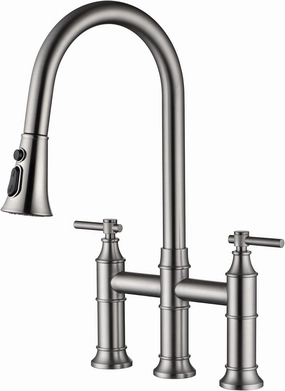 SUMERAIN 2-Handle Bridge Kitchen Faucet with Pull Down Sprayer, 3 Hole Kitchen Sink Faucet Stainless Steel, Brushed Nickel