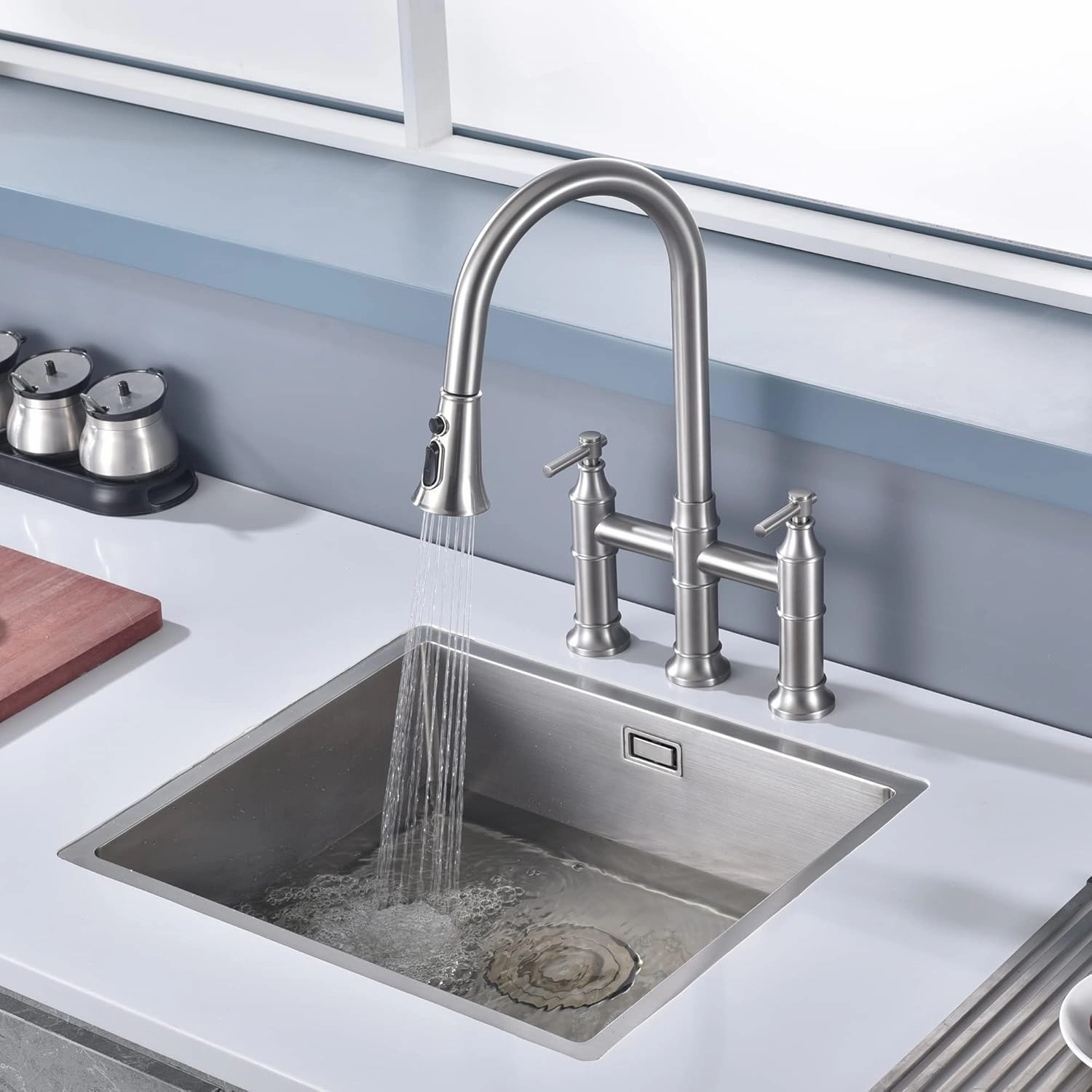 SUMERAIN 2-Handle Bridge Kitchen Faucet with Pull Down Sprayer, 3 Hole Kitchen Sink Faucet Stainless Steel, Brushed Nickel