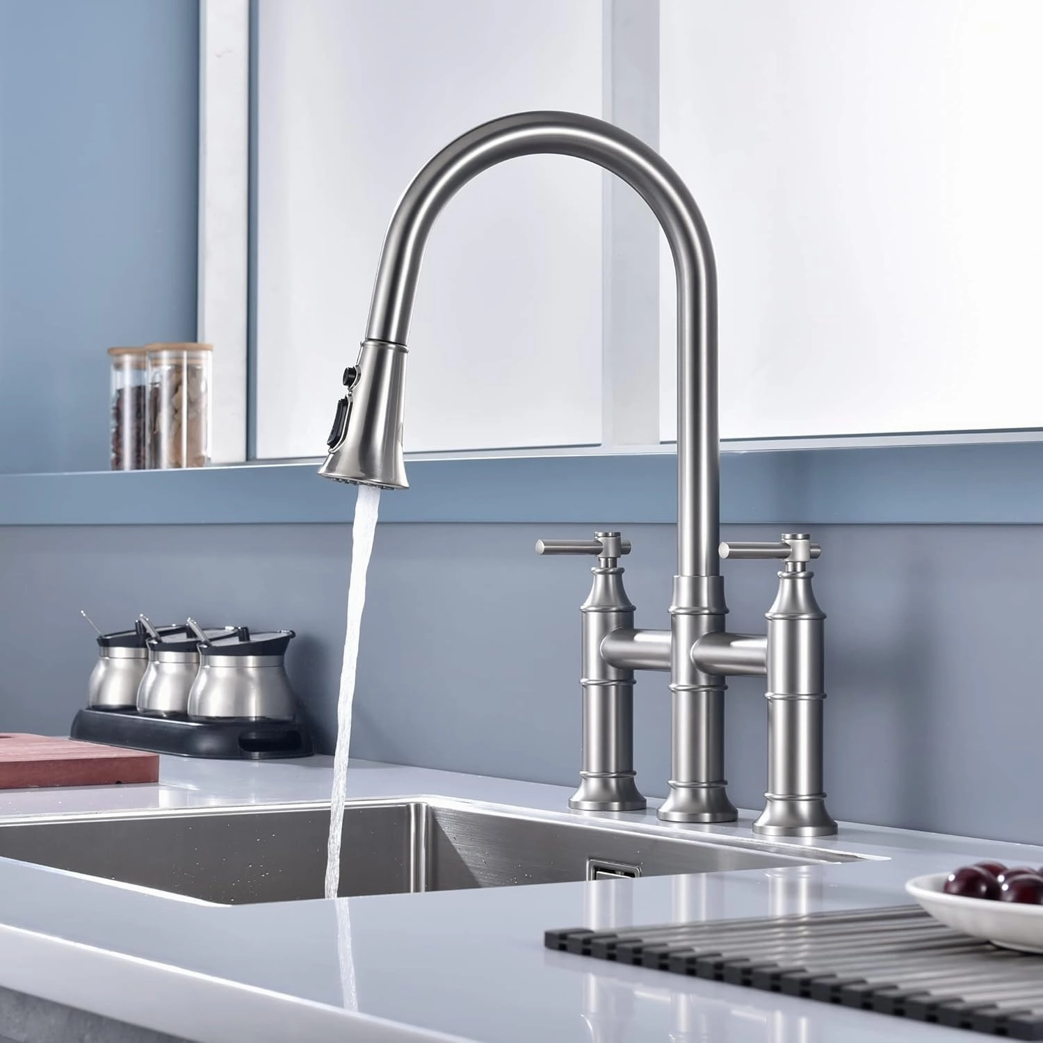 SUMERAIN 2-Handle Bridge Kitchen Faucet with Pull Down Sprayer, 3 Hole Kitchen Sink Faucet Stainless Steel, Brushed Nickel
