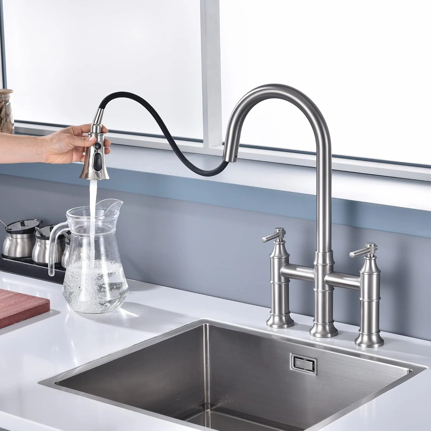 SUMERAIN 2-Handle Bridge Kitchen Faucet with Pull Down Sprayer, 3 Hole Kitchen Sink Faucet Stainless Steel, Brushed Nickel