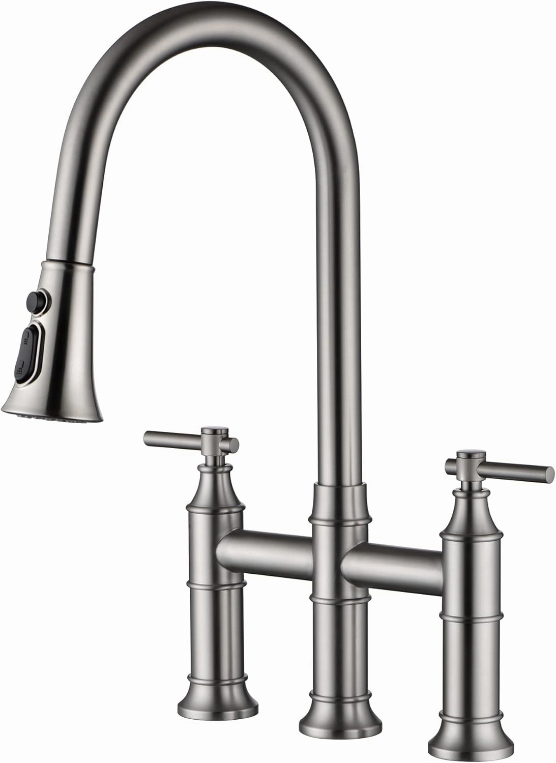 SUMERAIN 2-Handle Bridge Kitchen Faucet with Pull Down Sprayer, 3 Hole Kitchen Sink Faucet Stainless Steel, Brushed Nickel