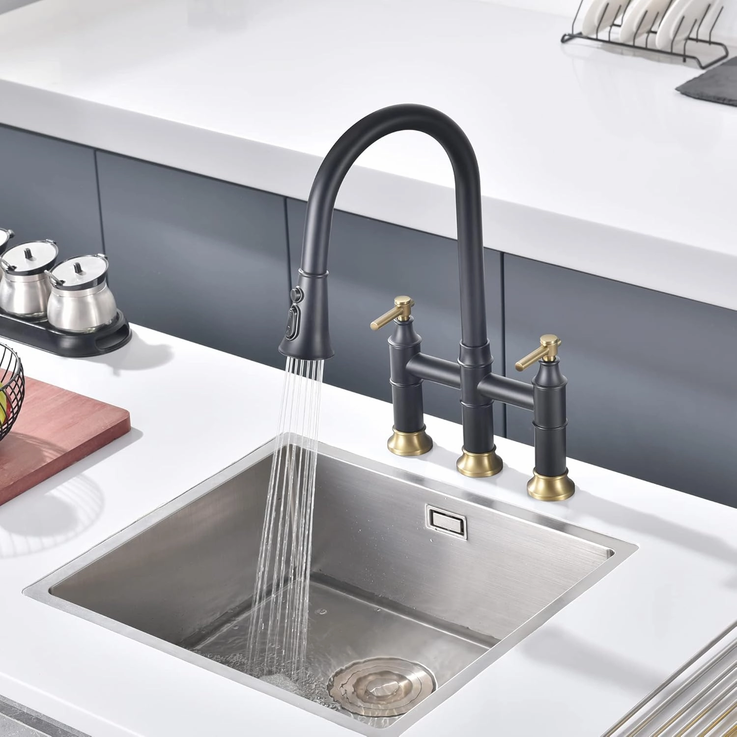 SUMERAIN Bridge Kitchen Faucet with Pull Down Sprayer 2 Handle 3 Hole Kitchen Sink Faucet 8 Inch Centerset Black&Gold