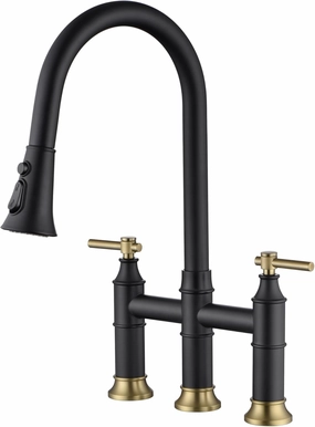 SUMERAIN Bridge Kitchen Faucet with Pull Down Sprayer 2 Handle 3 Hole Kitchen Sink Faucet 8 Inch Centerset Black&Gold