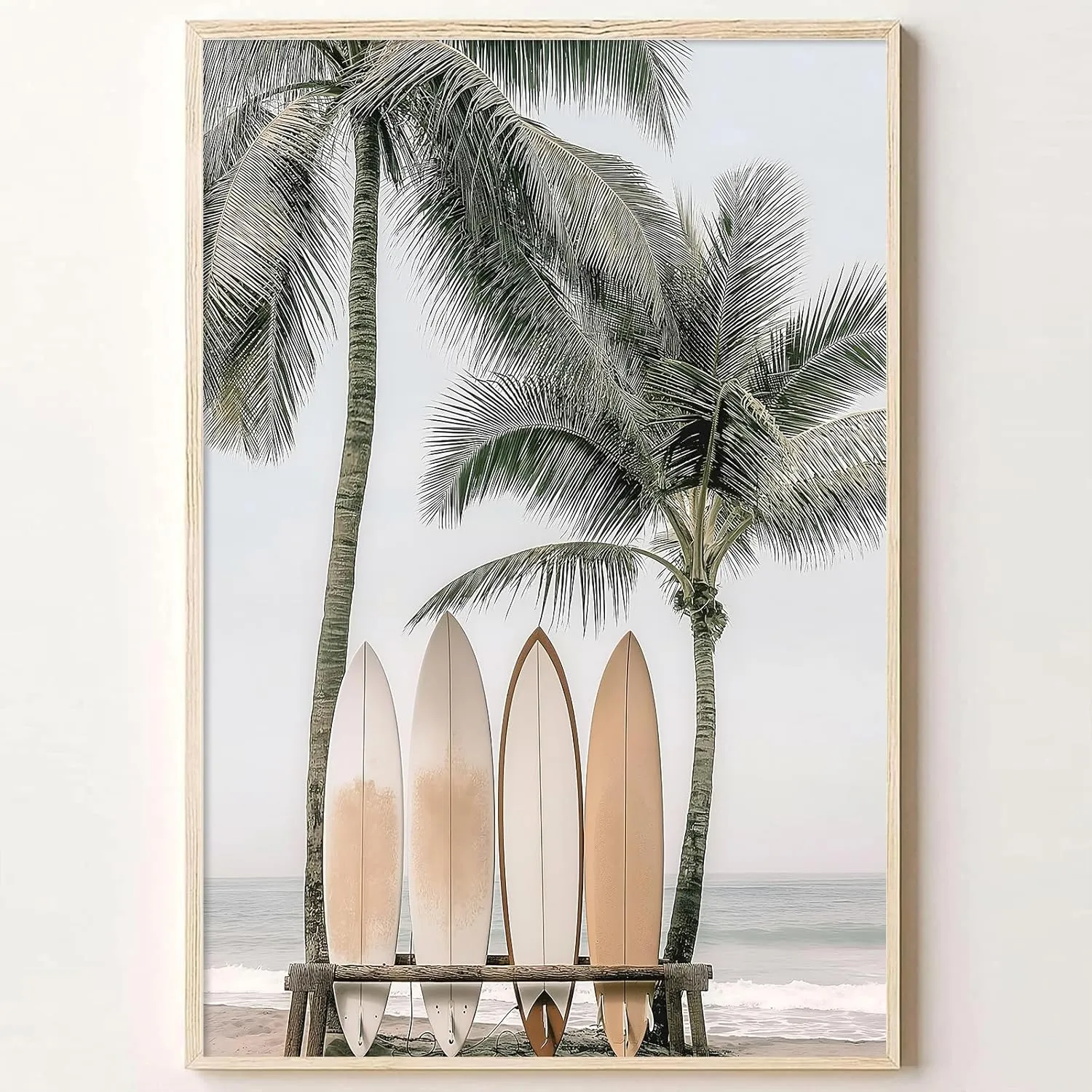 Summer Ocean Wall Art Surfboard Beach Painting Coastal Surfing Painting Palm Tree Ocean Poster Coastal Surfboard Canvas Wall Art Landscape Beach Prints Seascape Palm Tree Surf Picture 16x24in No Frame