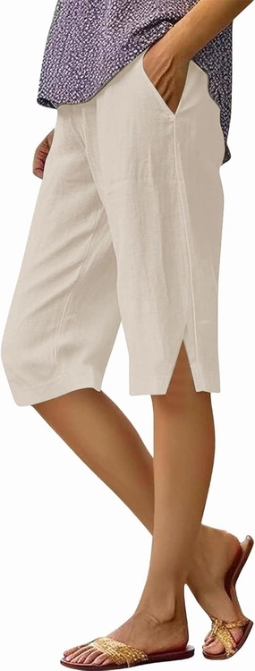 Summer Women Linen Shorts 2025 | Knee Length Drawstring Short Pants with Split Side Bottomline Beach Comfy Shorts