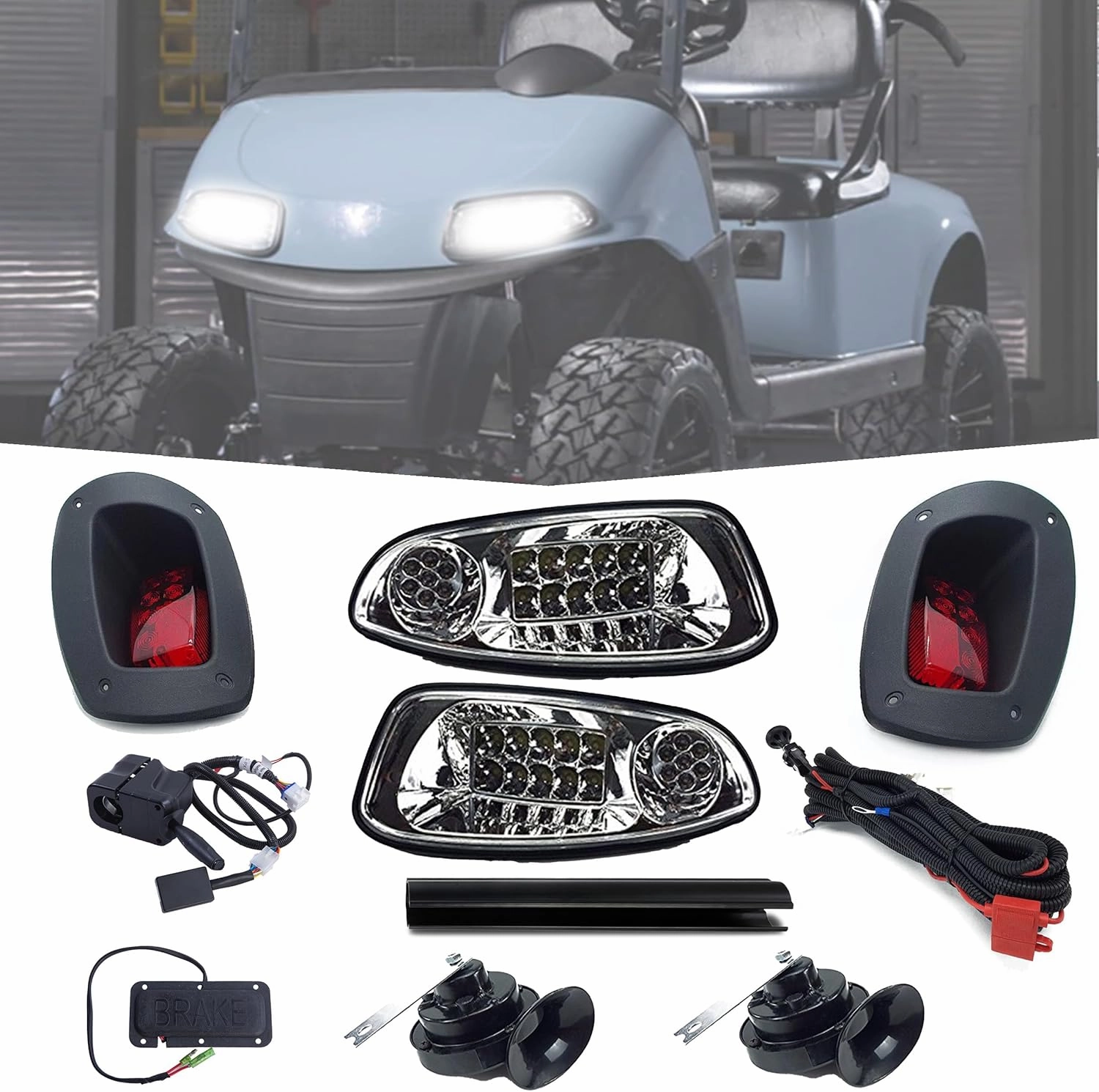 Super Deluxe LED High/Low Beam Light Kit for E-Z-GO RXV 2016 : Street Legal, Includes Headlights, Tail Lights, Turn Signals & More, Easy Install, No Voltage Reducer Needed (12-48V) by Charm&Heritage
