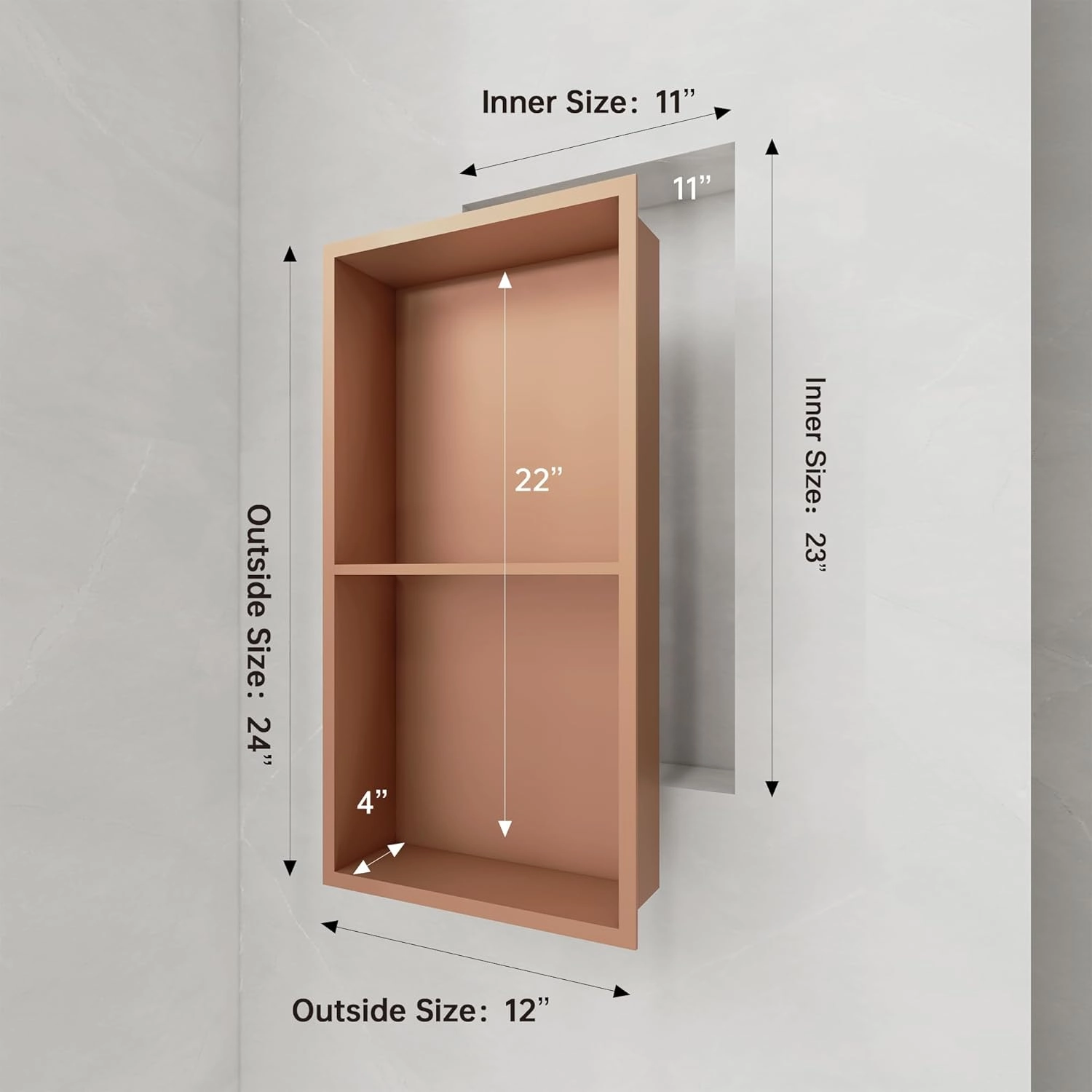 SUPERFLO Stainless Steel Shower Niche 12" X 24", No Tile Needed Recessed Niche Shower Double Shelves Organizer Bathroom Niche for Bathroom Storage, Bathroom Niche for Shower Wall, Rose Gold