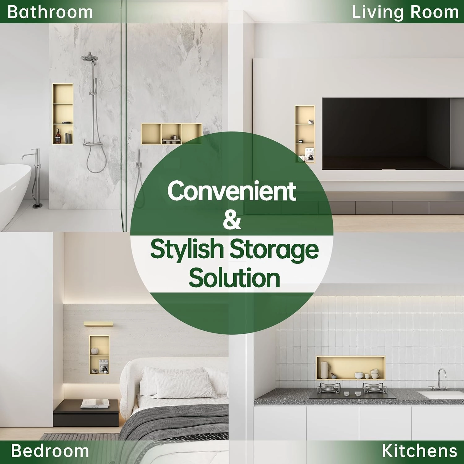 SUPERFLO Stainless Steel Shower Niche 12" X 24" No Tile Needed Recessed Niche Shower Double Shelves Organizer Bathroom Niche For Bathroom Storage, Bathroom Niche For Shower Wall, Matte Glod