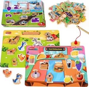 SYNARRY 89 Pcs Wooden Magnetic Sight Word Fishing Game Preschool Activity, Memory Sorting Matching Game for 3 4 5 Years Old Learning Flashcards, Montessori Educational Toys Gifts for Kids Ages 3-5 4-6