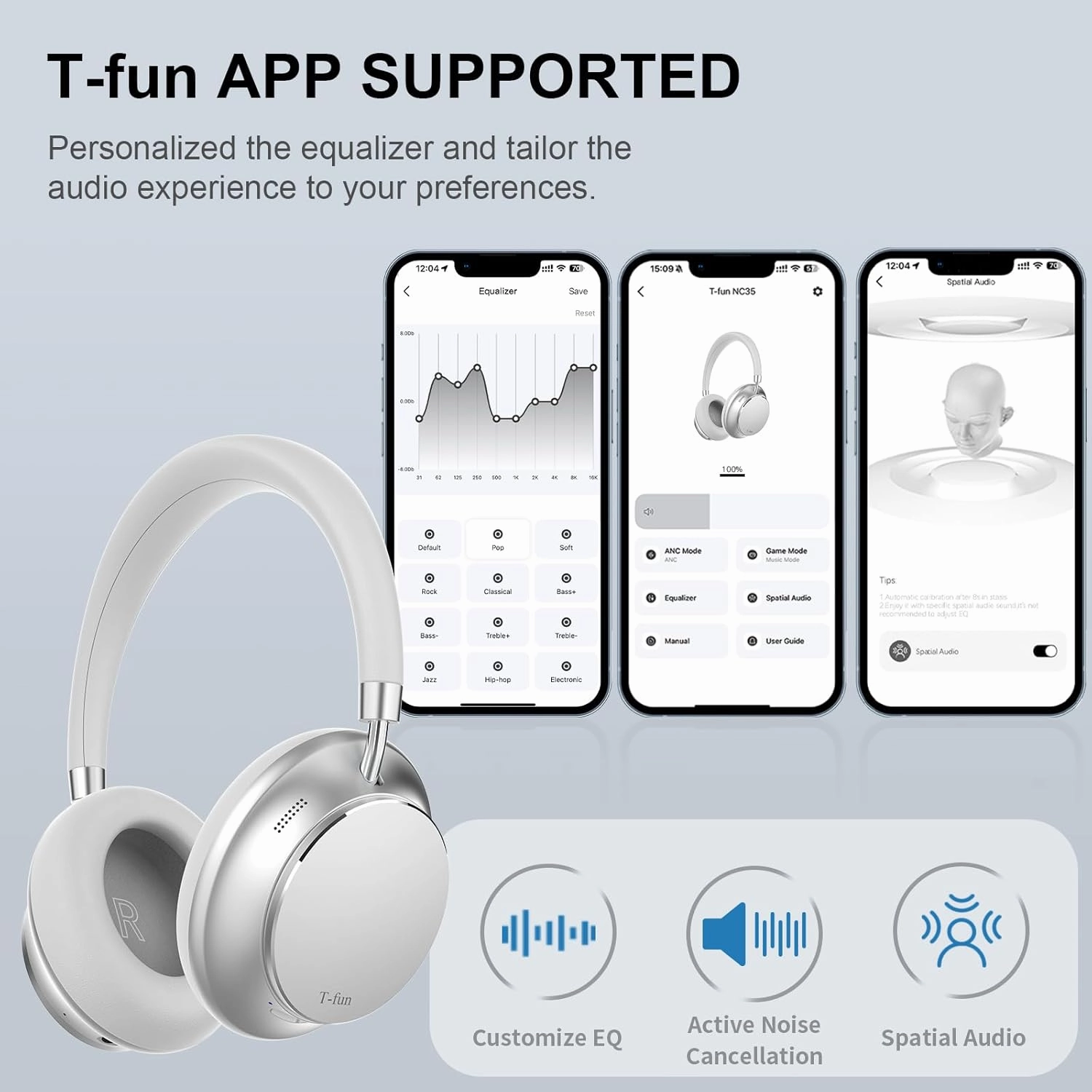 T-fun NC35 Hybrid Active Noise Cancelling Headphones, 360° Spatial Audio with Head Tracking, Over Ear Headphones Wireless Bluetooth 5.3, 55H ANC Playtime, Deep Bass, Custom EQ via App, for Travel Home