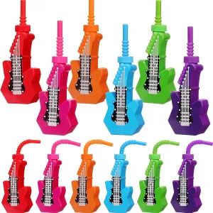 Tanlade 12 Pcs Electric Guitar Cups with Straws 10 oz Plastic Music Theme Cups Rock and Roll Party Favors Retro 80s 90s Birthday Party Supplies for Musical Birthday Baby Shower Guitar Lovers Gifts