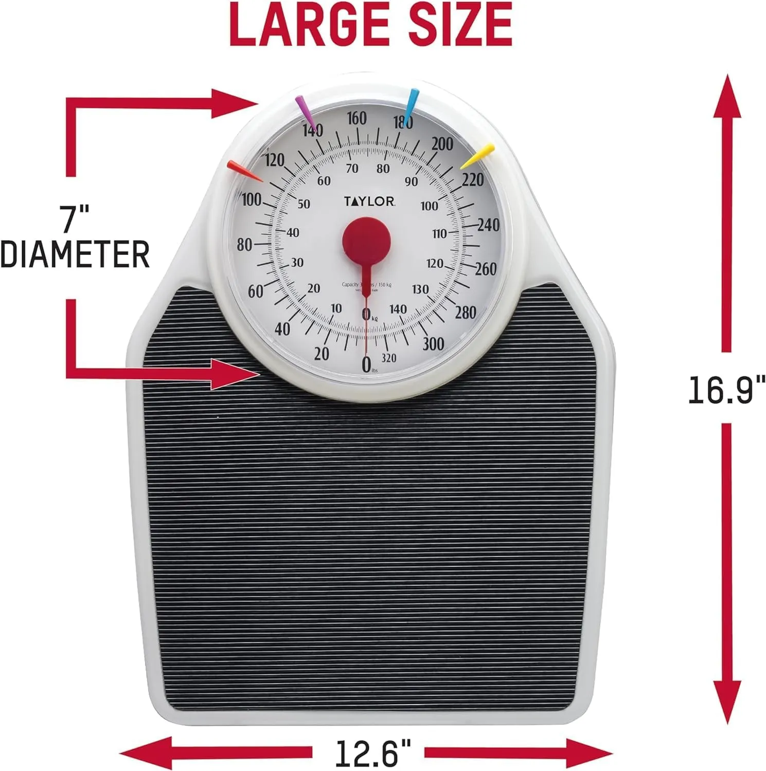 Taylor Battery Free Analog Scales for Body Weight, 330LB Capacity, Easy to Read Large 7-inch Dial, 18.4 x 13.7-inch Ribbed Mat Platform, Black