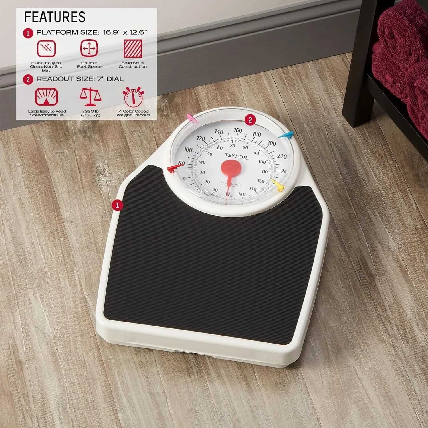 Taylor Battery Free Analog Scales for Body Weight, 330LB Capacity, Easy to Read Large 7-inch Dial, 18.4 x 13.7-inch Ribbed Mat Platform, Black
