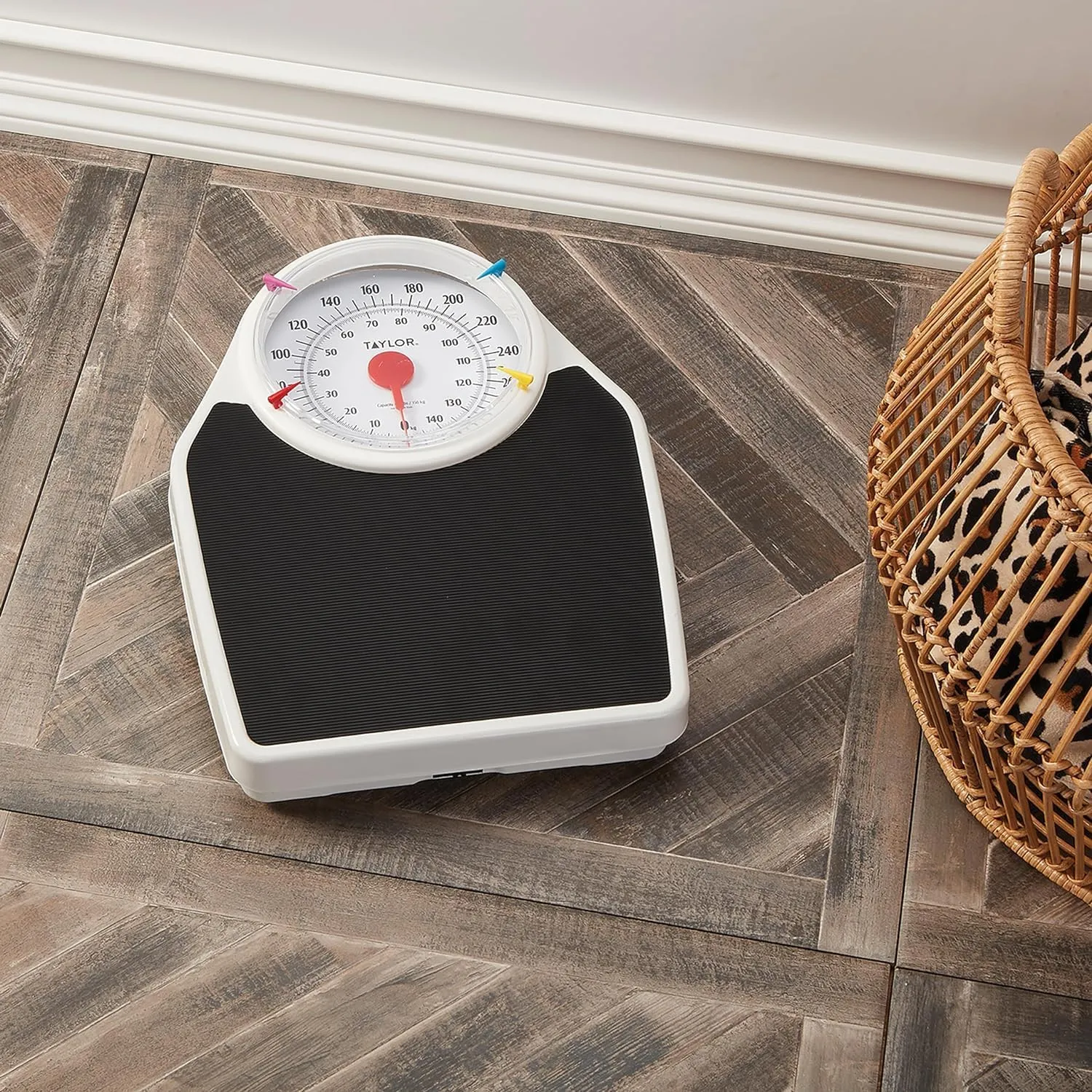 Taylor Battery Free Analog Scales for Body Weight, 330LB Capacity, Easy to Read Large 7-inch Dial, 18.4 x 13.7-inch Ribbed Mat Platform, Black