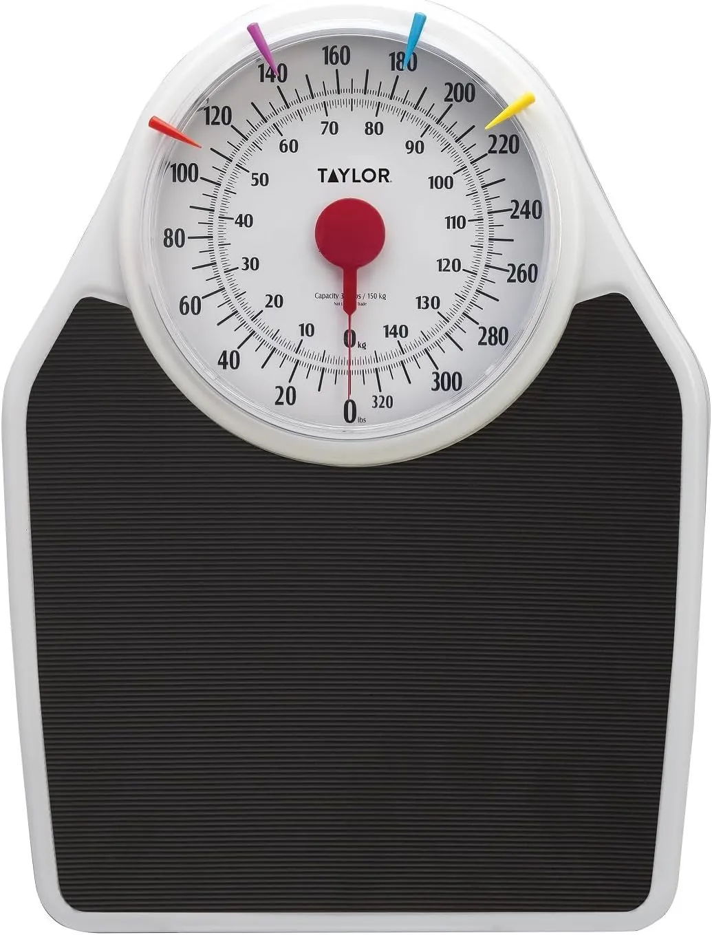 Taylor Battery Free Analog Scales for Body Weight, 330LB Capacity, Easy to Read Large 7-inch Dial, 18.4 x 13.7-inch Ribbed Mat Platform, Black