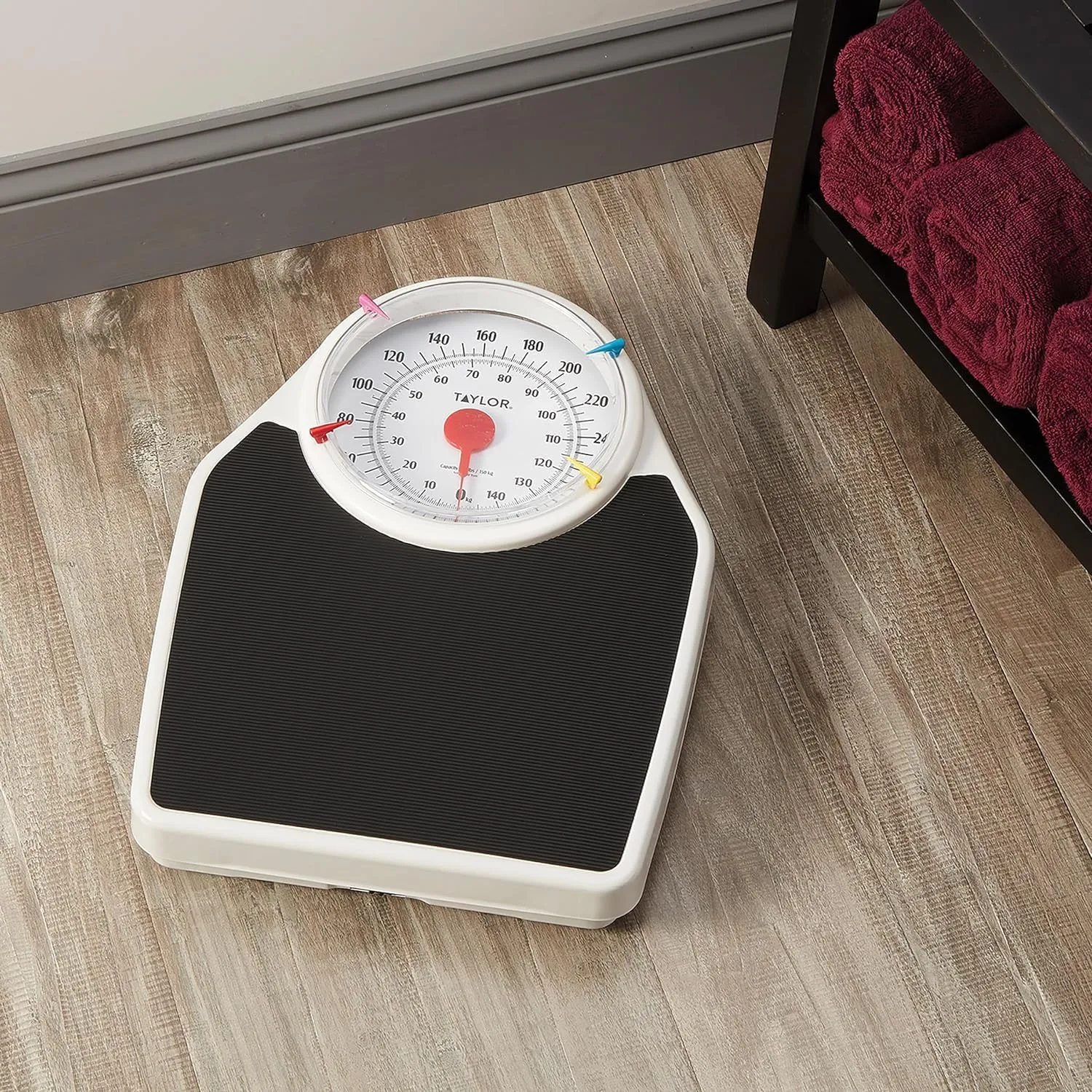Taylor Battery Free Analog Scales for Body Weight, 330LB Capacity, Easy to Read Large 7-inch Dial, 18.4 x 13.7-inch Ribbed Mat Platform, Black