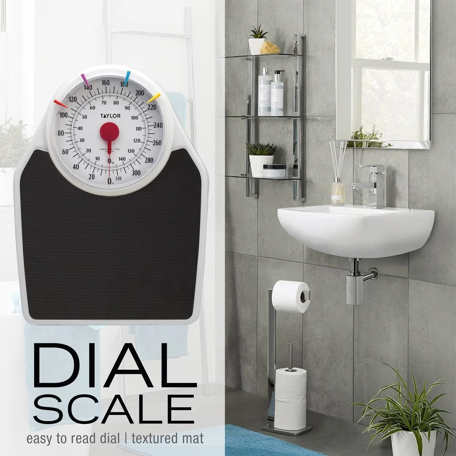 Taylor Battery Free Analog Scales for Body Weight, 330LB Capacity, Easy to Read Large 7-inch Dial, 18.4 x 13.7-inch Ribbed Mat Platform, Black