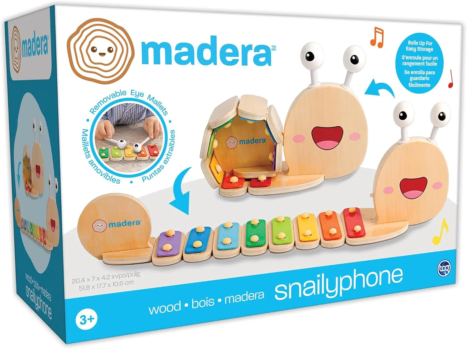 TCG Toys Madera Wood: Snailyphone - Snail-Designed 8-Key Xylophone, 2 Matching Mallets, Wooden Musical Instrament, Interactive Toy, Kids-Toddlers Ages 3 
