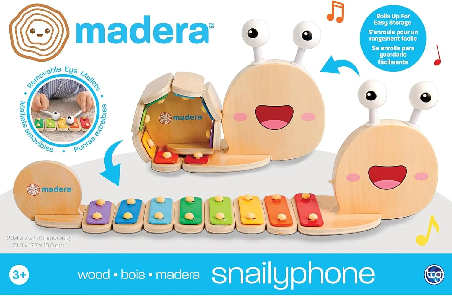 TCG Toys Madera Wood: Snailyphone - Snail-Designed 8-Key Xylophone, 2 Matching Mallets, Wooden Musical Instrament, Interactive Toy, Kids-Toddlers Ages 3 