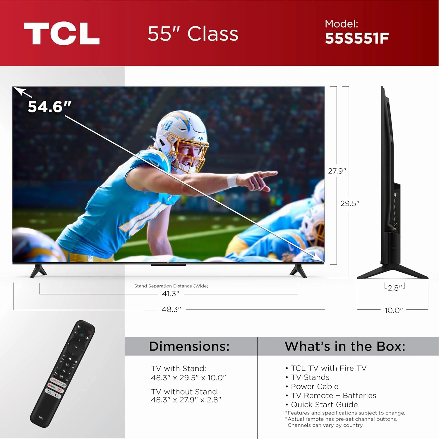 TCL 55-Inch Class S5 UHD 4K LED Smart TV with Fire TV (55S551F, 2024 Model), Dolby Vision, HDR PRO , Dolby Atmos, Alexa Built-in with Voice Remote, Apple AirPlay 2 Compatibility, Streaming Television