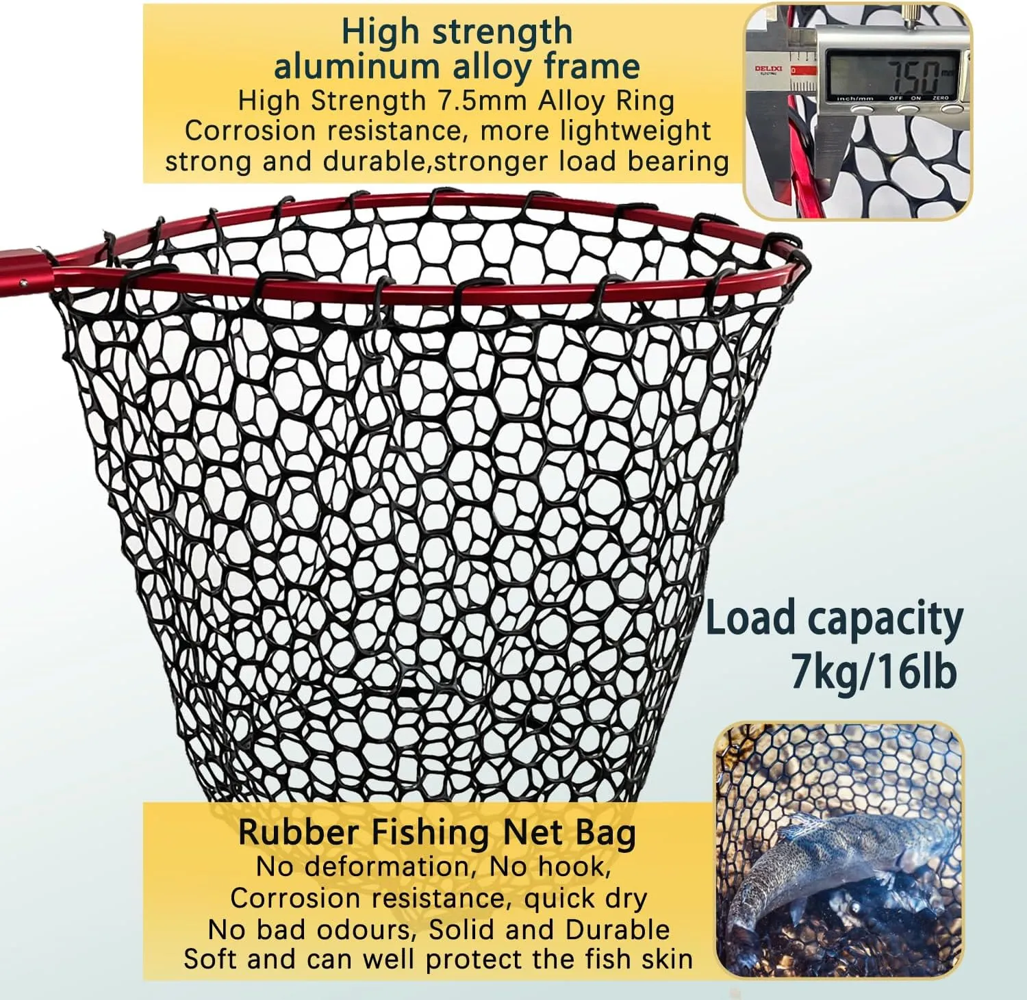 Telescoping Fishing Nets Lightweight Rubber Fish Net Durable with Non-Slip Grip - Freshwater and Saltwater (Blue/Red) Fishpond Large Fish Net