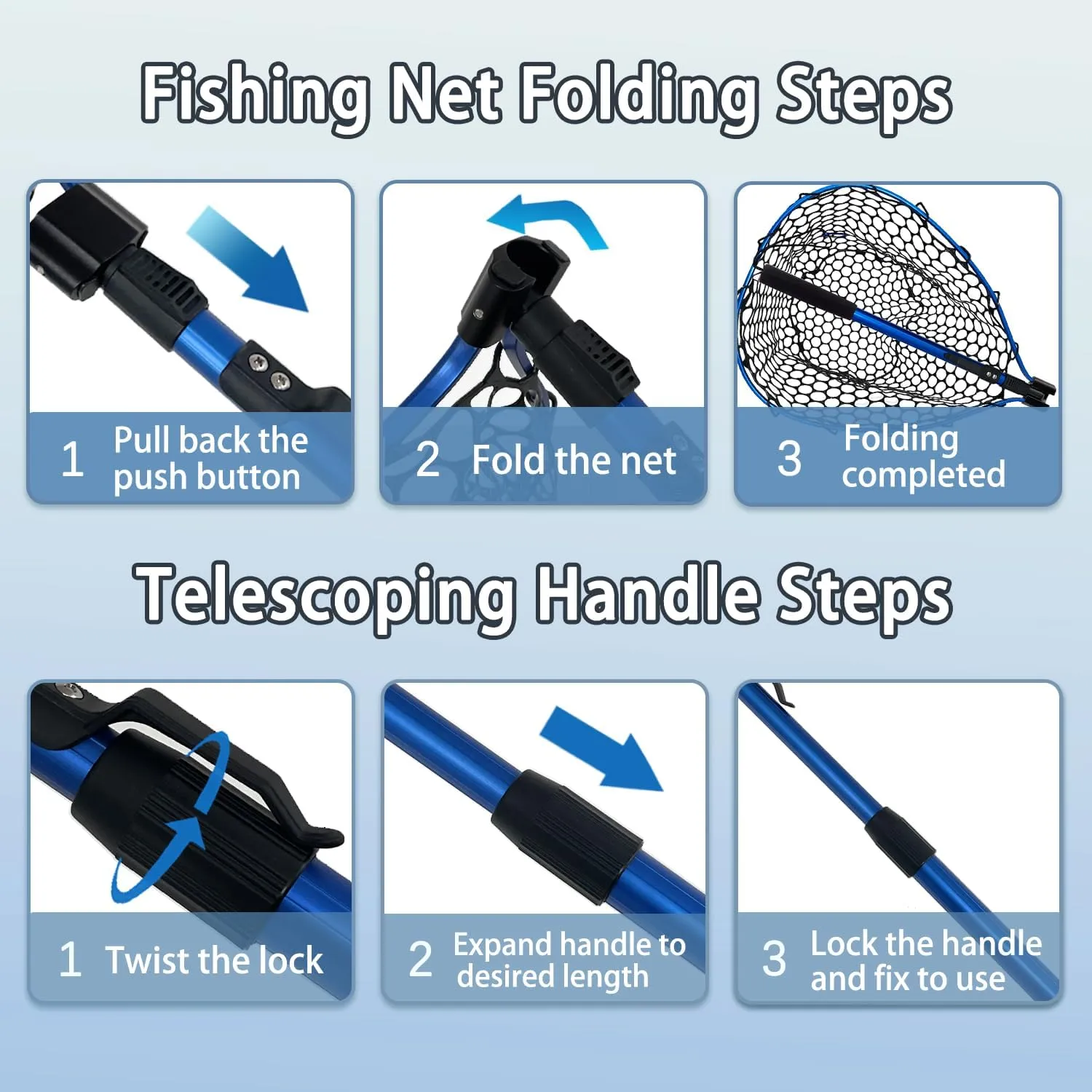 Telescoping Fishing Nets Lightweight Rubber Fish Net Durable with Non-Slip Grip - Freshwater and Saltwater (Blue/Red) Fishpond Large Fish Net