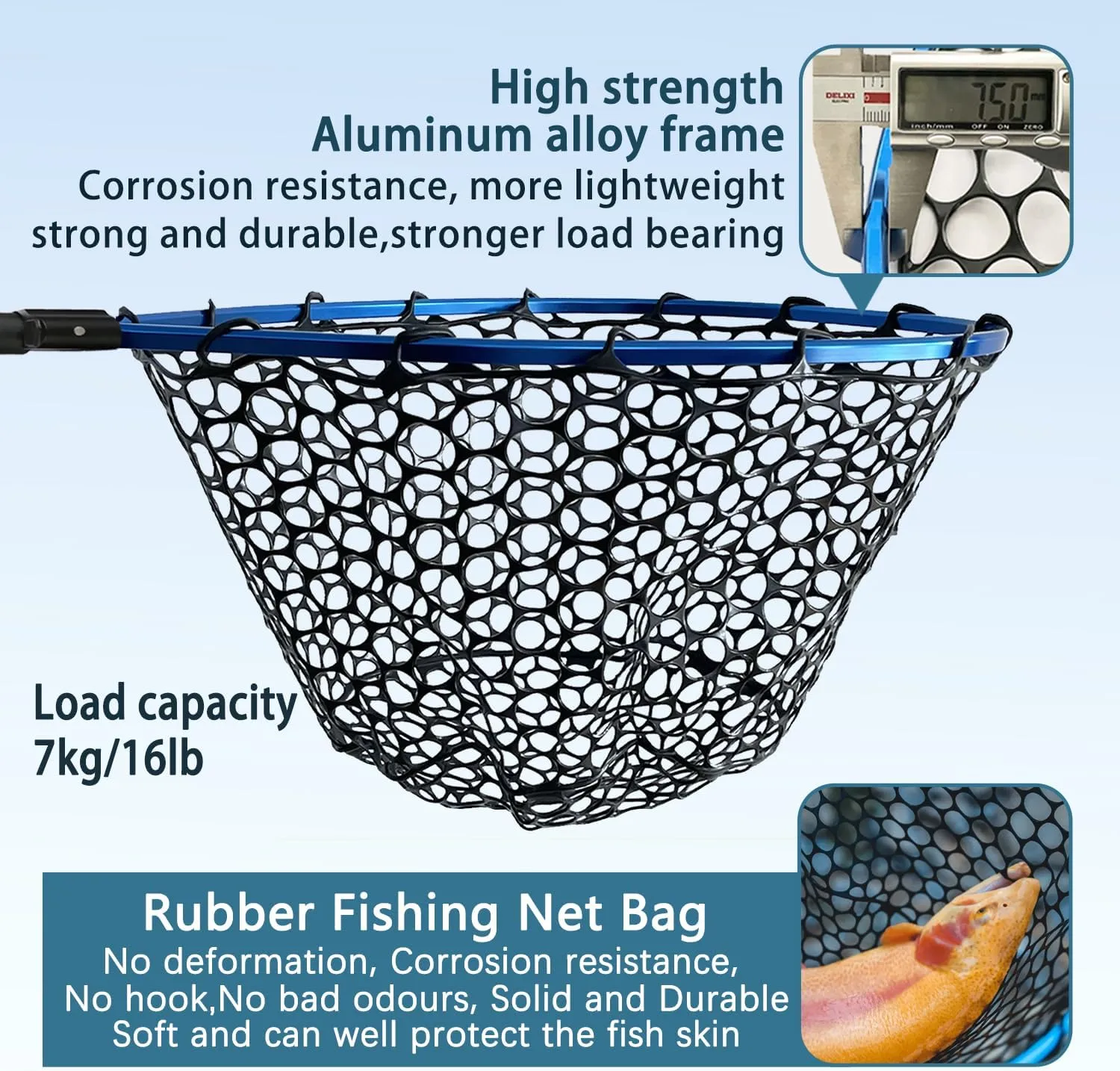 Telescoping Fishing Nets Lightweight Rubber Fish Net Durable with Non-Slip Grip - Freshwater and Saltwater (Blue/Red) Fishpond Large Fish Net