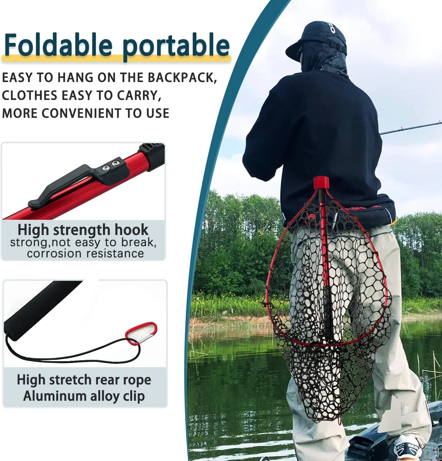 Telescoping Fishing Nets Lightweight Rubber Fish Net Durable with Non-Slip Grip - Freshwater and Saltwater (Blue/Red) Fishpond Large Fish Net