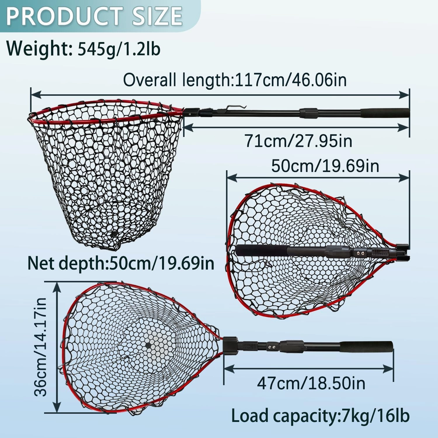 Telescoping Fishing Nets Lightweight Rubber Fish Net Durable with Non-Slip Grip - Freshwater and Saltwater (Blue/Red) Fishpond Large Fish Net