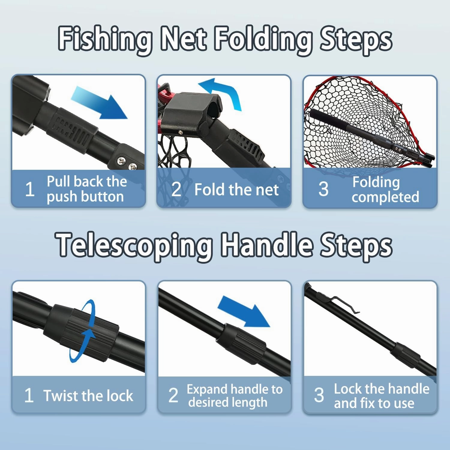 Telescoping Fishing Nets Lightweight Rubber Fish Net Durable with Non-Slip Grip - Freshwater and Saltwater (Blue/Red) Fishpond Large Fish Net