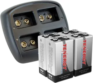 Tenergy TN294 4-Bay 9V Li-ion Battery Charger   4pcs 9V 600mAh Li-ion Rechargeable Battery